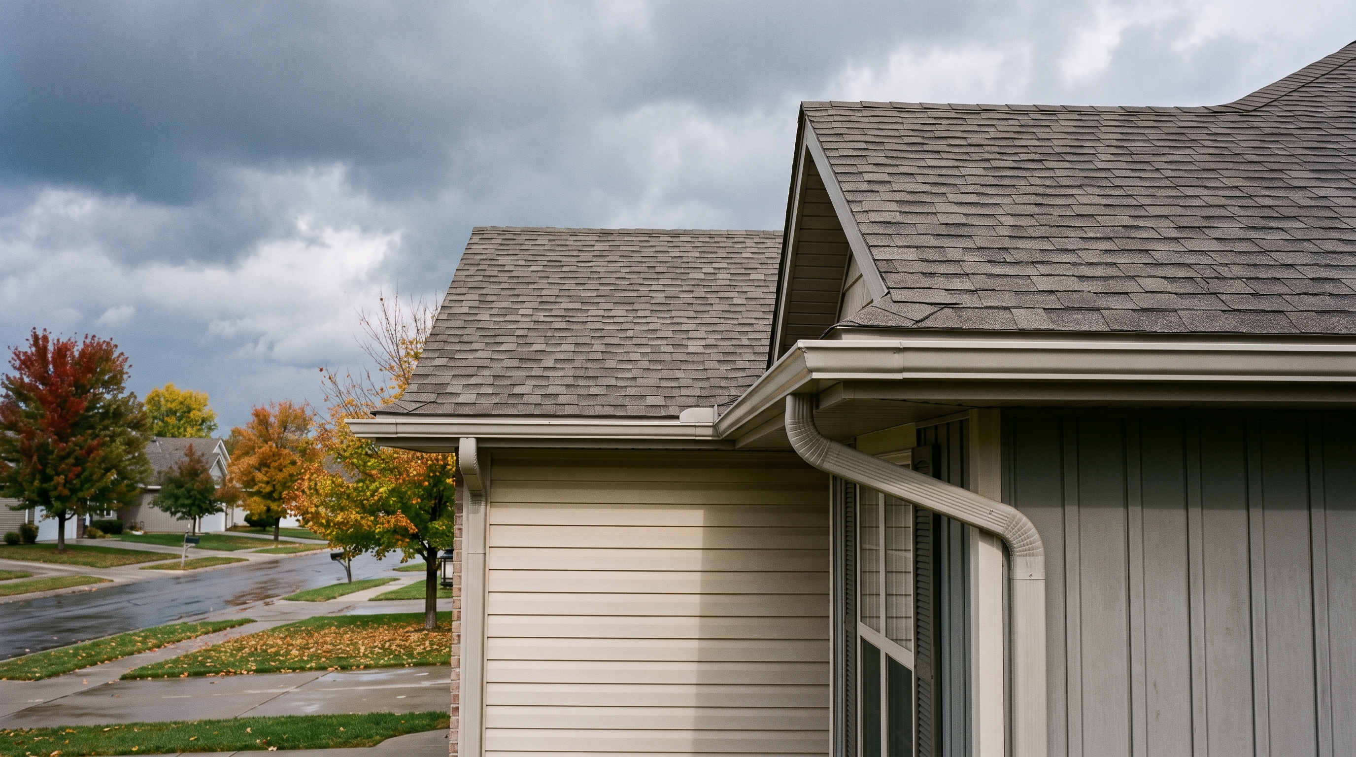 Exterior view of a Derby, KS home roofline and gutters ahead of fall storm season