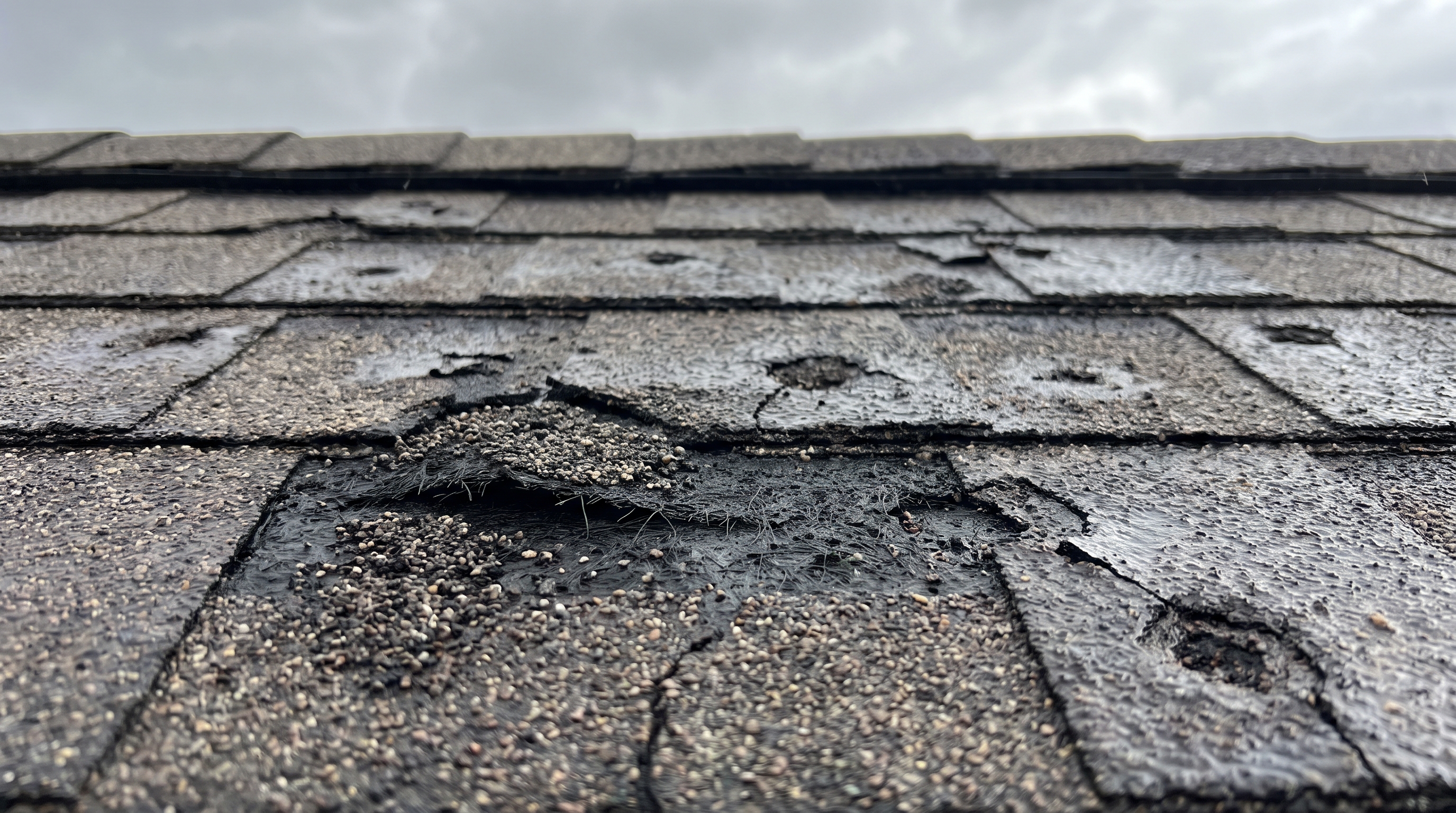 Close-up of hail-damaged asphalt roof shingles with granule loss after a Wichita storm