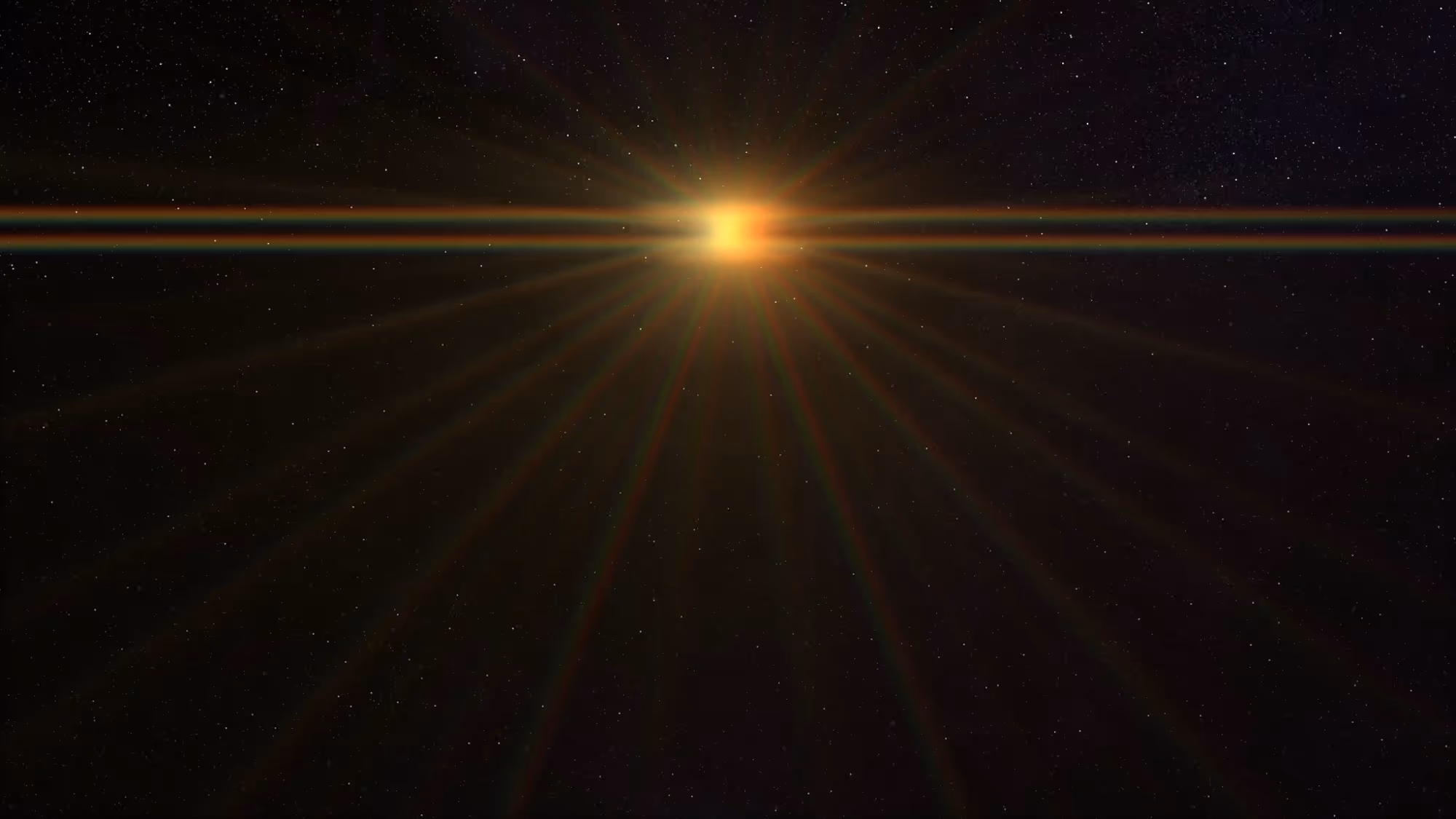 Bright yellow star emitting horizontal rainbow lens flare against a dark starry space background.