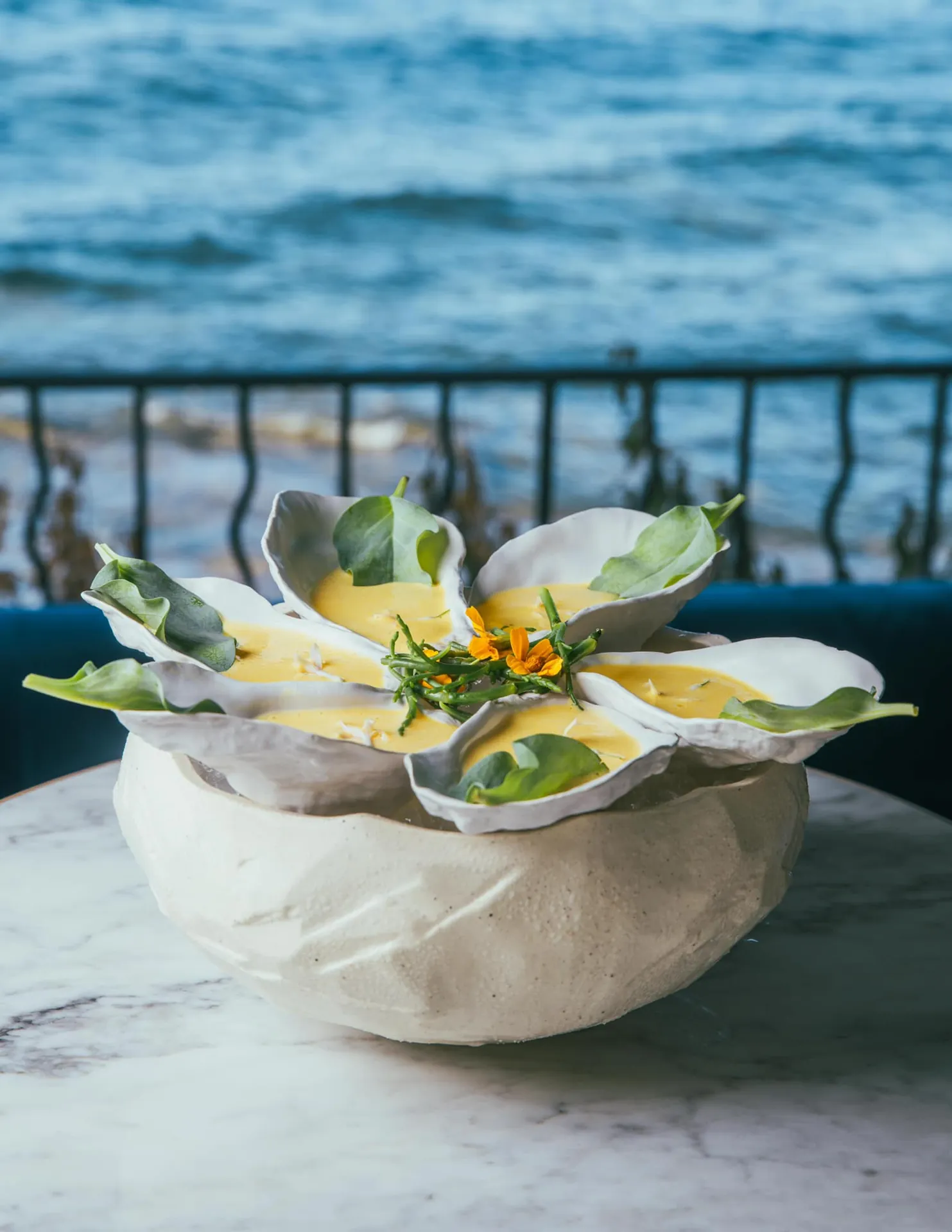 Assiette d'huîtres en coquille servie face à la mer