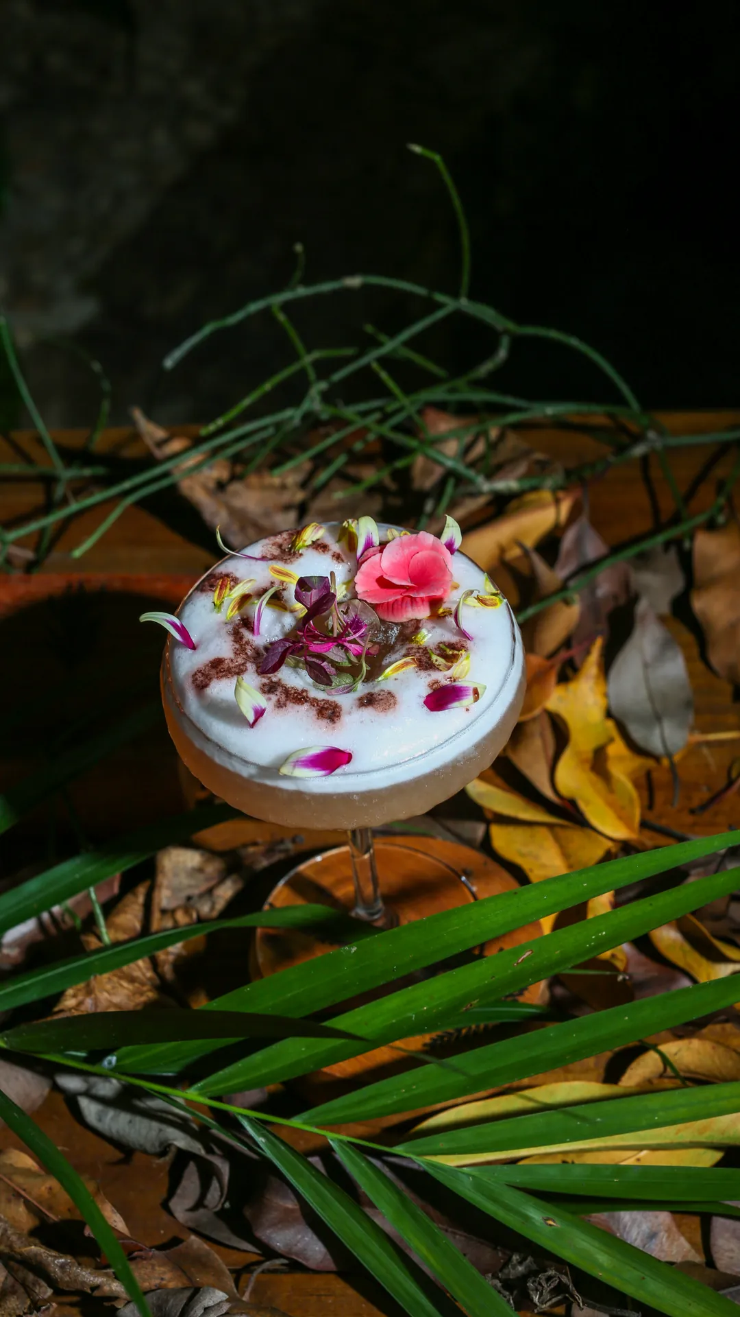 Cocktail mousseux fleuri photographié dans un décor végétal