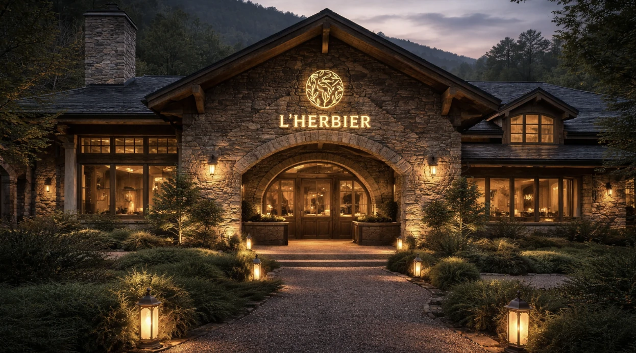 Visuel du concept L'Herbier : façade en pierre illuminée à la tombée de la nuit, allée de gravier bordée de lanternes