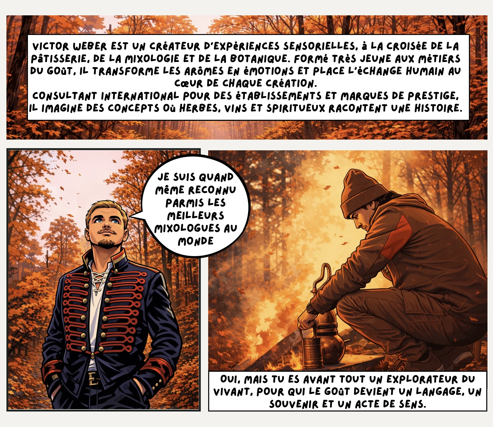 Planche de bande dessinée : Victor Weber, créateur d'expériences sensorielles entre pâtisserie, mixologie et botanique, dans une forêt d'automne