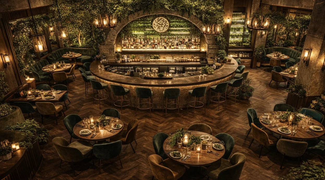 Visuel du concept L'Herbier : salle végétalisée autour d'un bar circulaire en pierre, tables dressées et fauteuils en velours vert