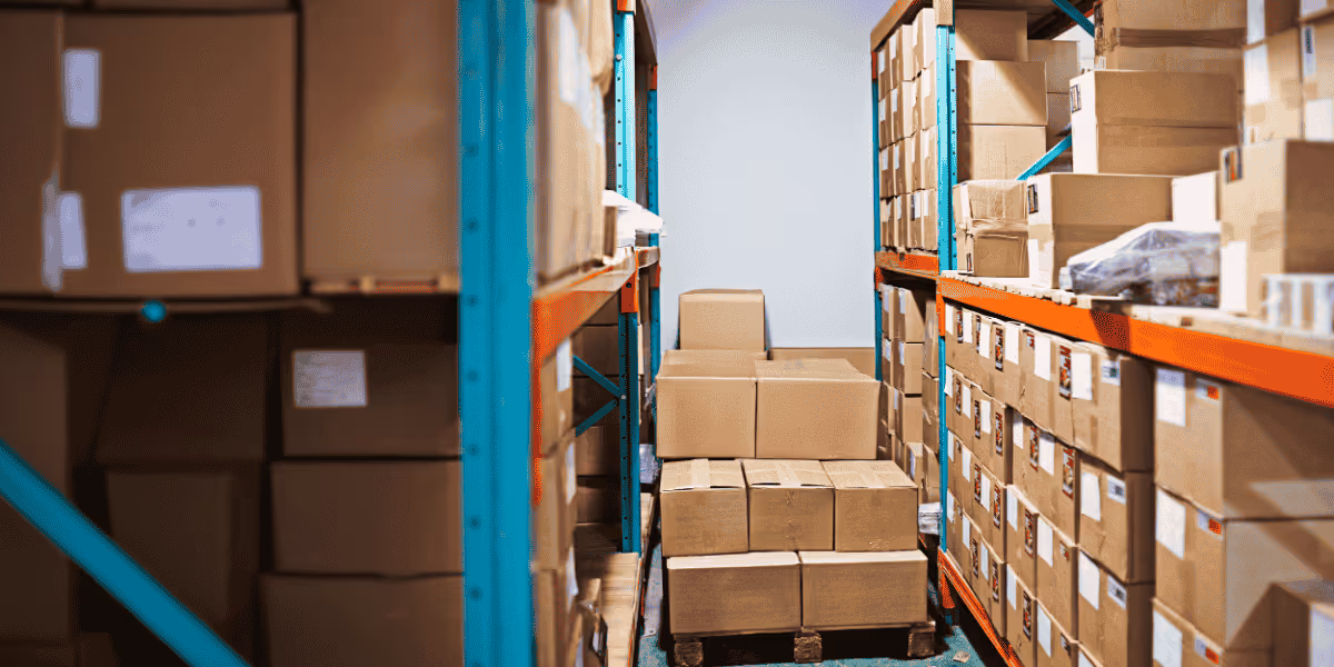 Étagères avec carton dans un entrepot