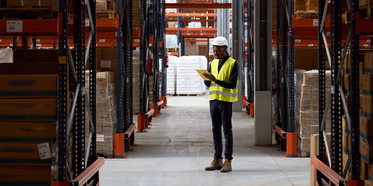 Un homme saisie les stocks sur une tablette dans un entrepôt