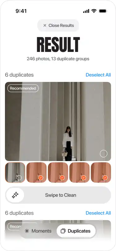 Automatically identifies and removes similar shots taken in succession