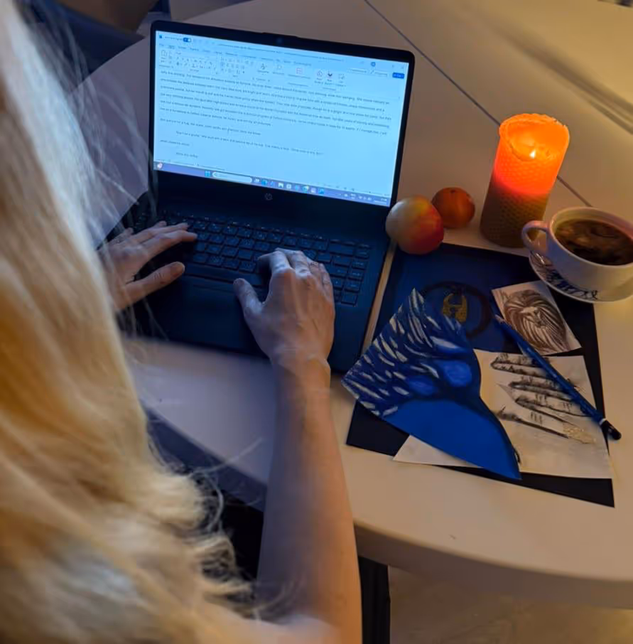 annemarie sitting at her desk