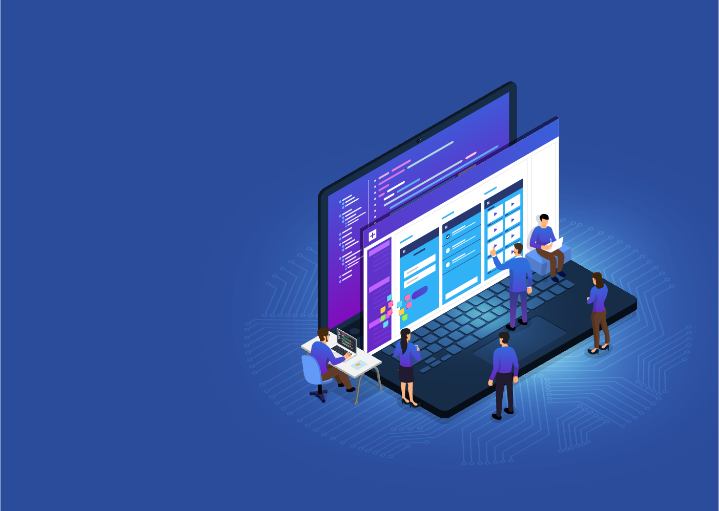 Image représentant une ordinateur et des personnes qui développe une solution Web