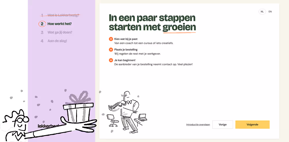 Screenshot van een Nederlandse educatieve website met groengrijze en paarse secties, inhoudend een begroeting aan Marcel, keuzes bij het beginnen van een cursus, keuzestress hulp en populaire cursussen zoals kleurvormgeving, zakelijk tekenen en Mud Masters evenement.