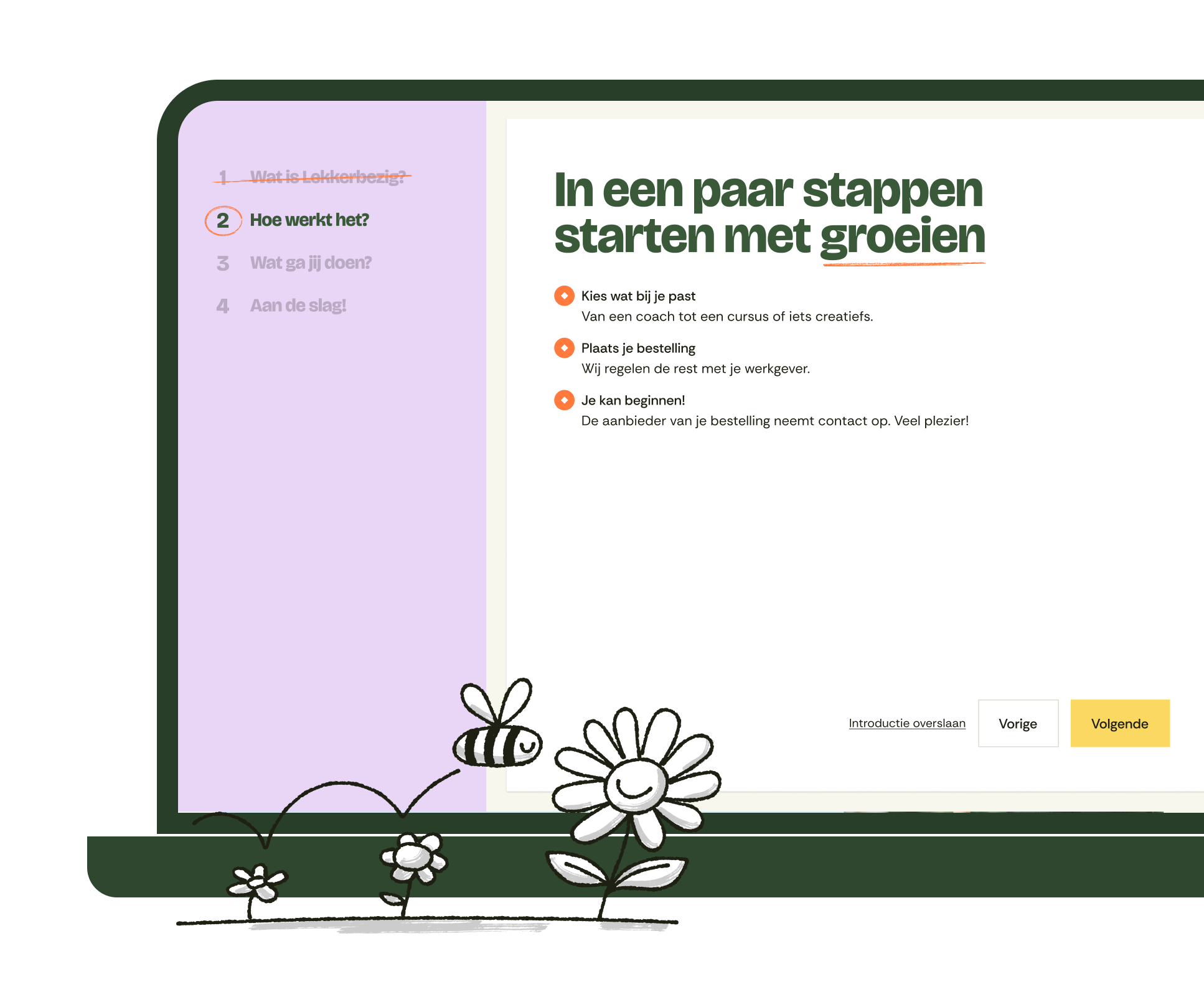 Screenshot van een Nederlandse educatieve website met groengrijze en paarse secties, inhoudend een begroeting aan Marcel, keuzes bij het beginnen van een cursus, keuzestress hulp en populaire cursussen zoals kleurvormgeving, zakelijk tekenen en Mud Masters evenement.