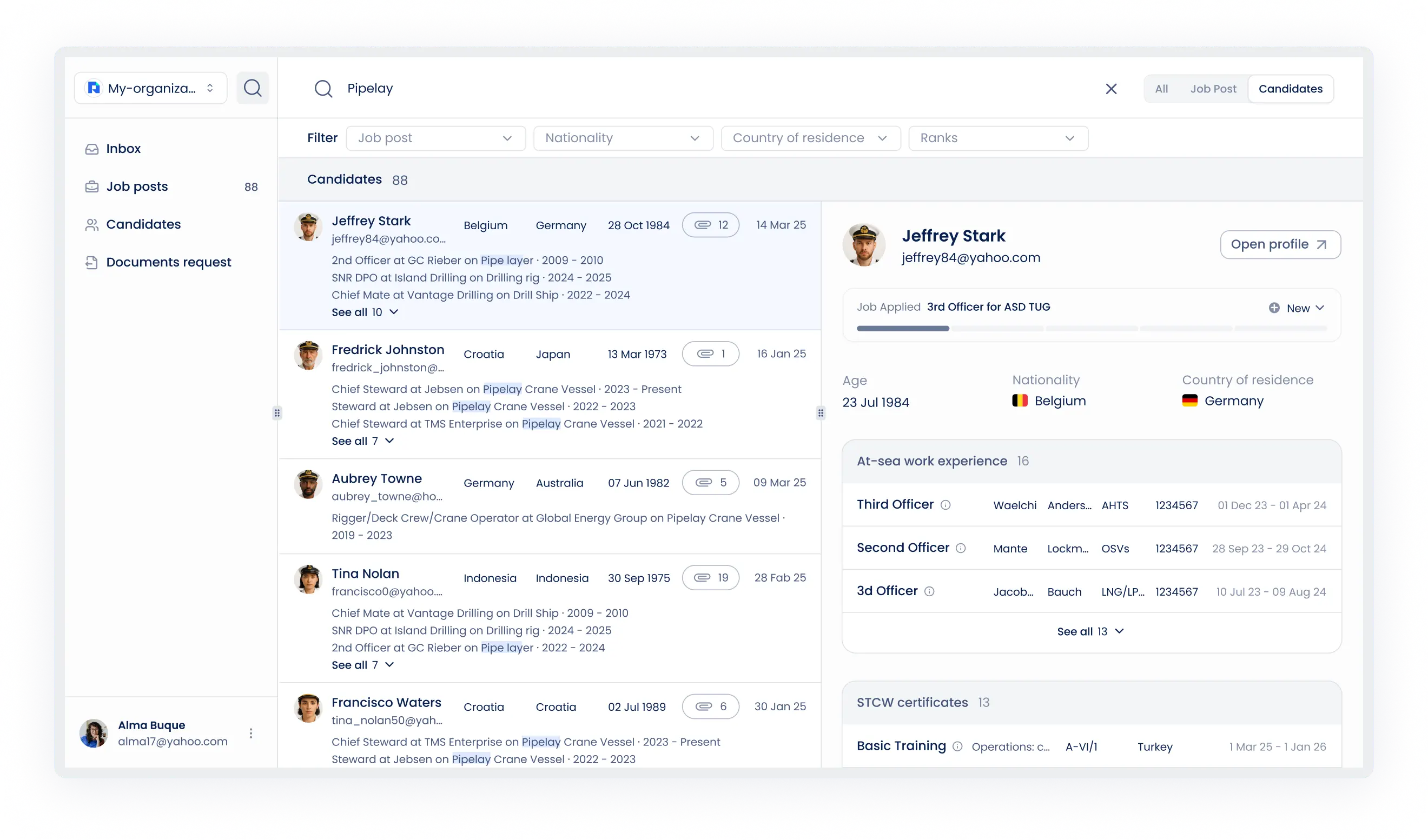 Preview of the search in the Sterndesk app. Several candidates are highlighted, showing their experience in the maritime sector.