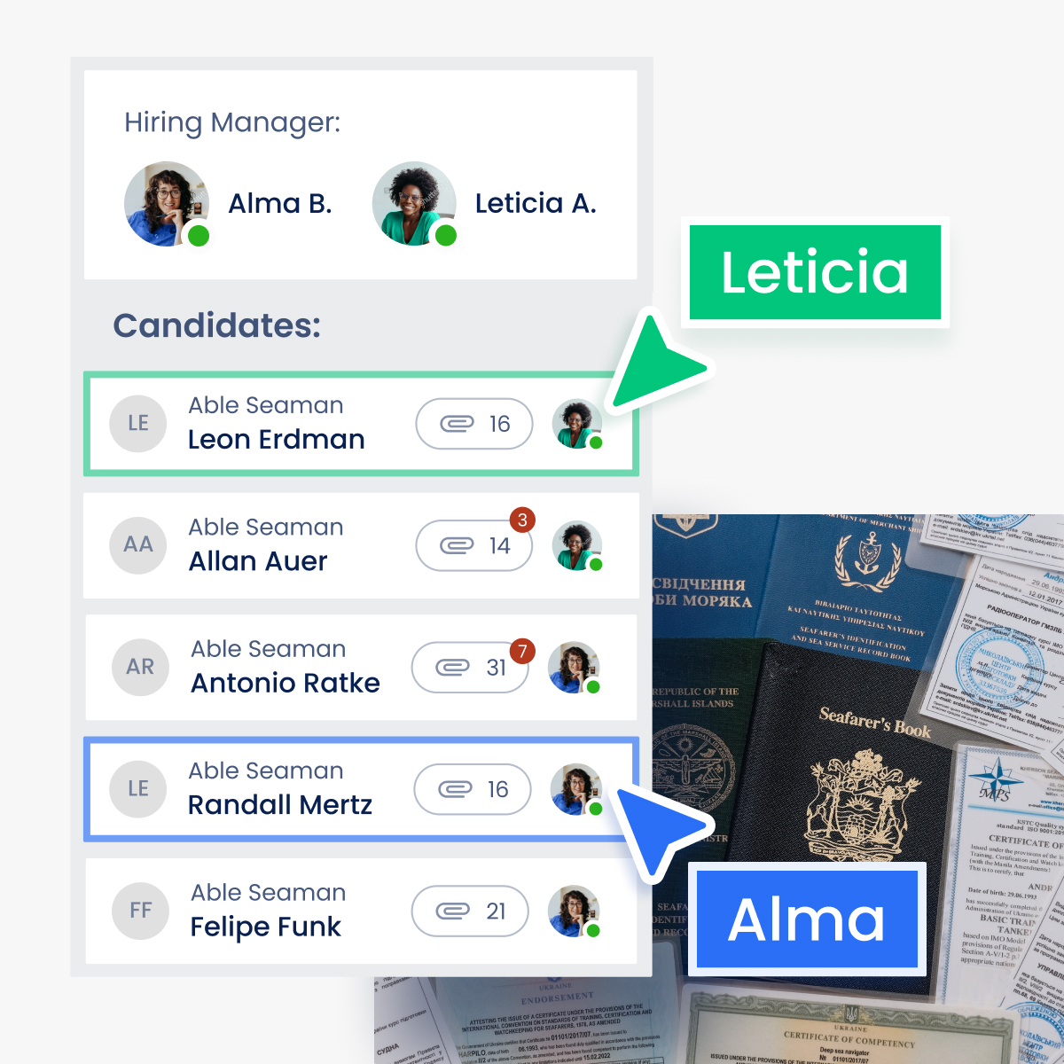 Two recruiters work simultaneously with seafarers' documents at Sterndesk