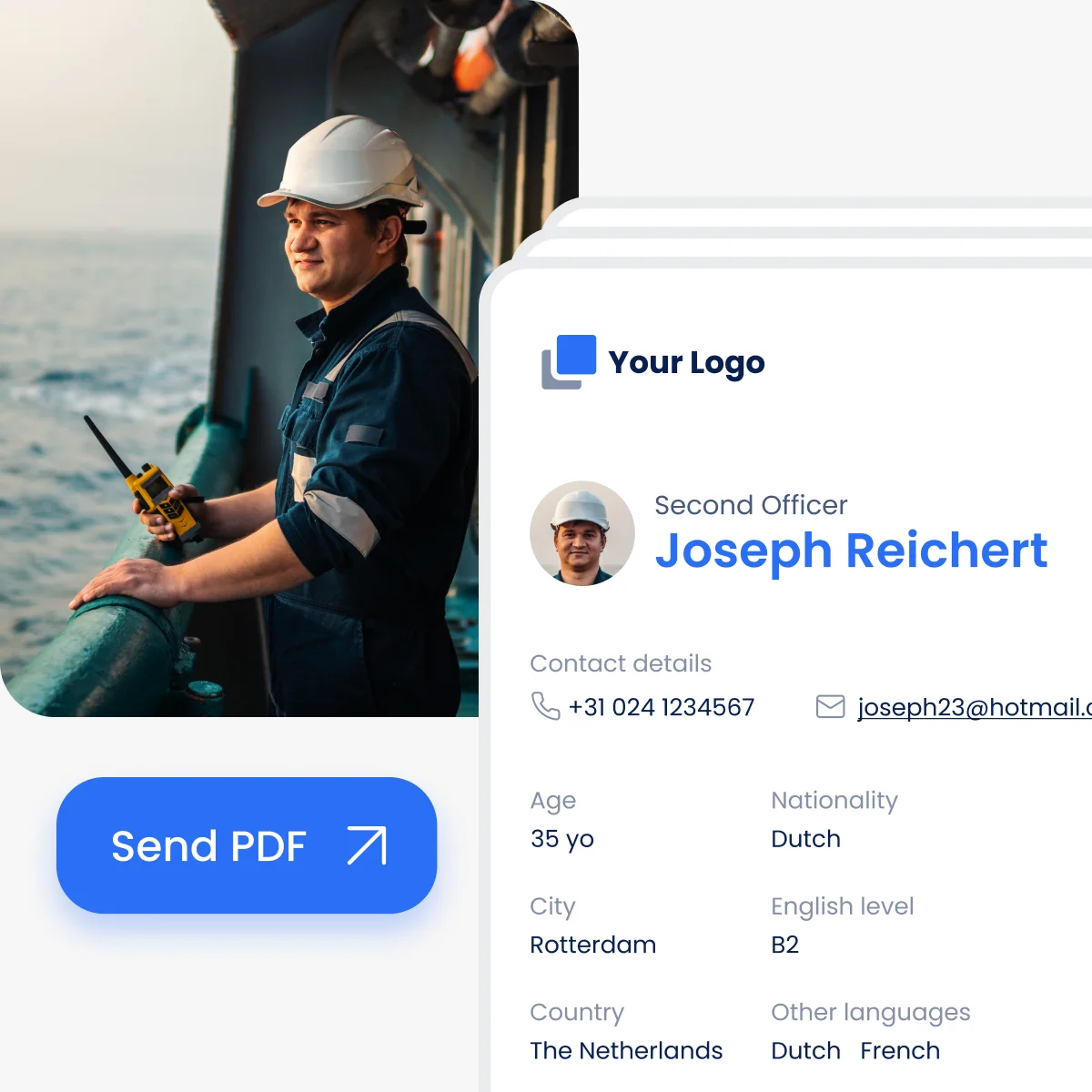 A lot of information about the seafarer is structured into a conveniently organized document that the recruiter can send to the customer.