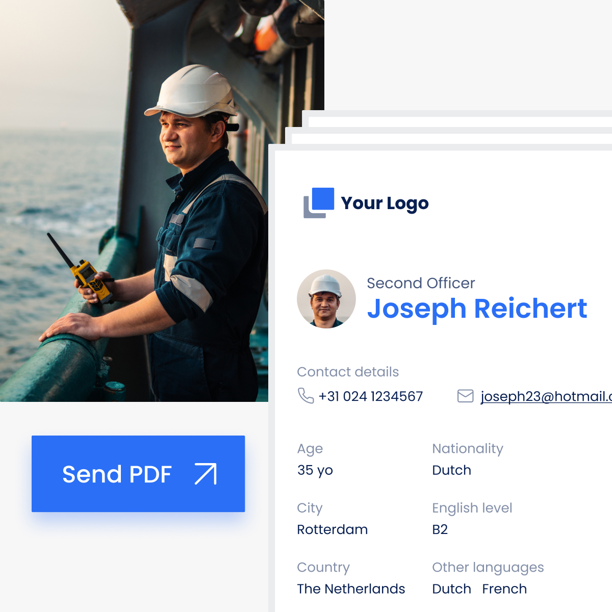 A lot of information about the seafarer is structured into a conveniently organized document that the recruiter can send to the customer.