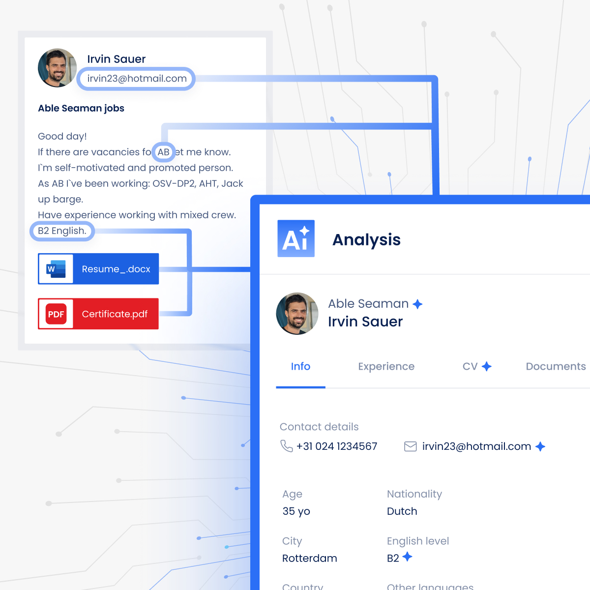 Artificial intelligence selects only the important information in emails and turns it into a handy seafarer profile in Sterndesk.