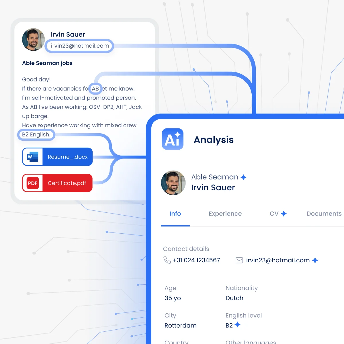 Artificial intelligence selects only the important information in emails and turns it into a handy seafarer profile in Sterndesk.