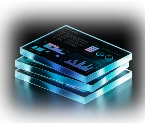 Three stacked translucent digital panels displaying futuristic colorful charts and graphs on a black background.