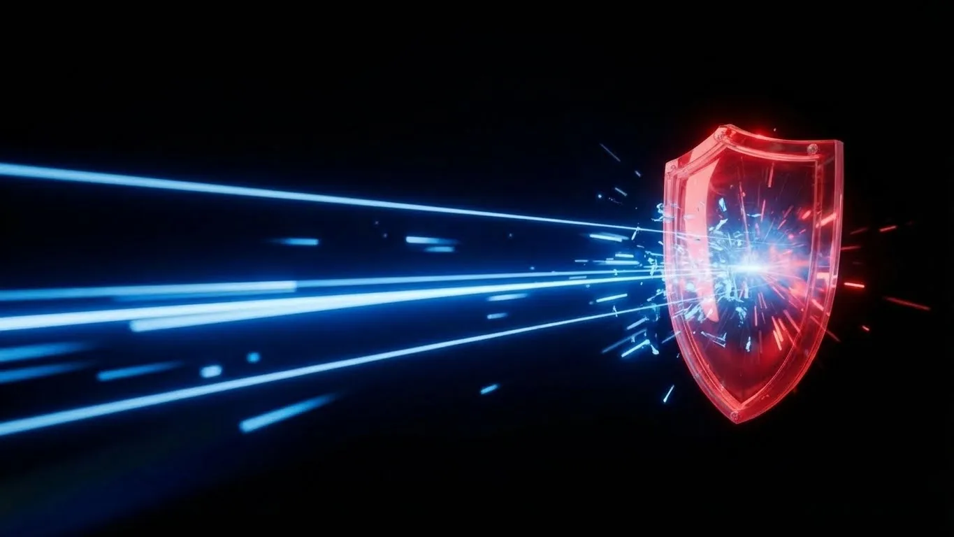 Red shield being attacked by blue beams representing penetration testing exercise.