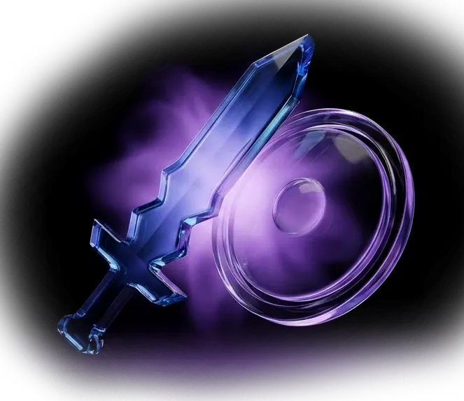Transparent blue sword and shield with a glowing purple aura on a black background representing purple team.