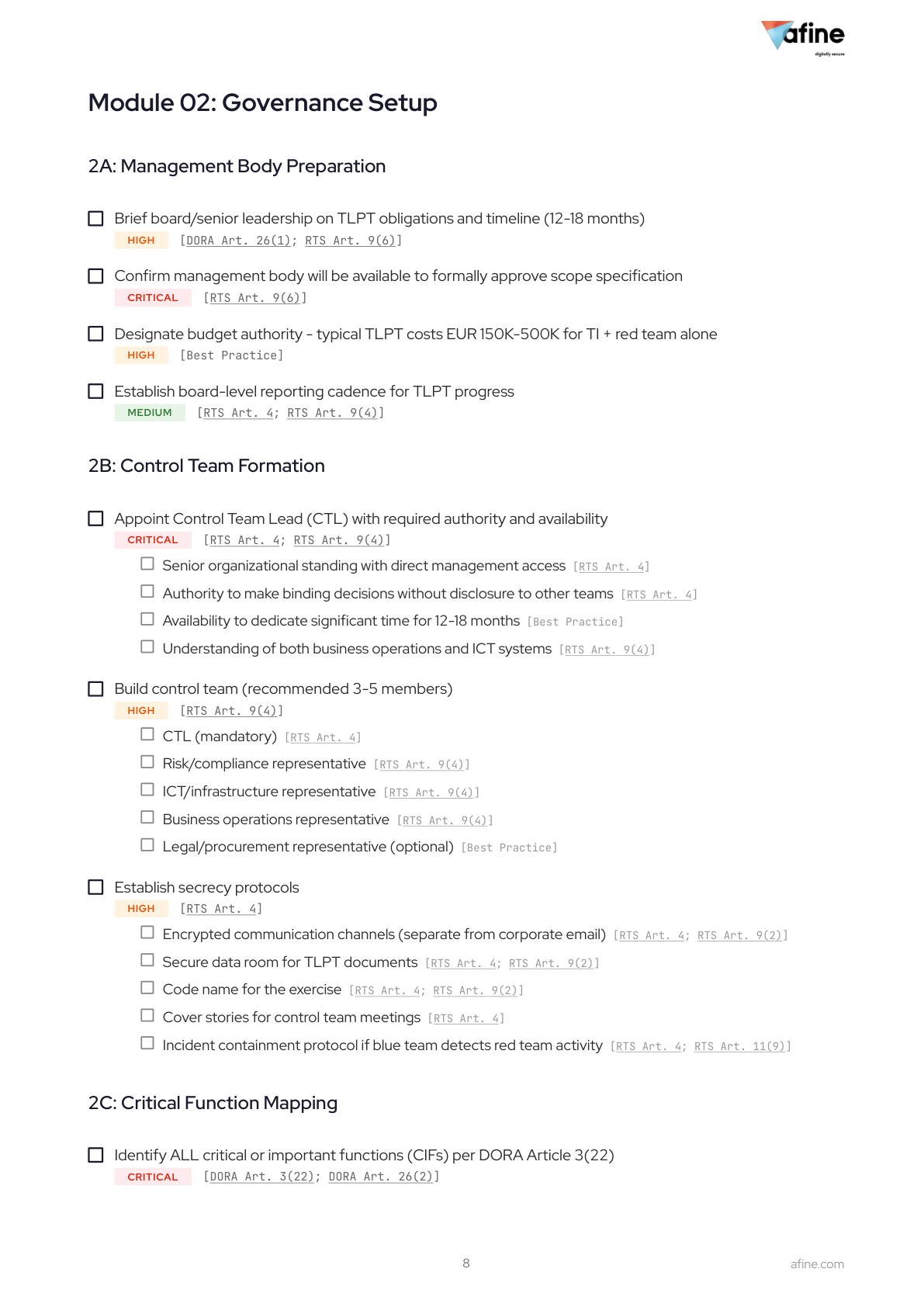 Module 02: Governance Setup checklist with CRITICAL and HIGH priority badges mapped to DORA RTS articles