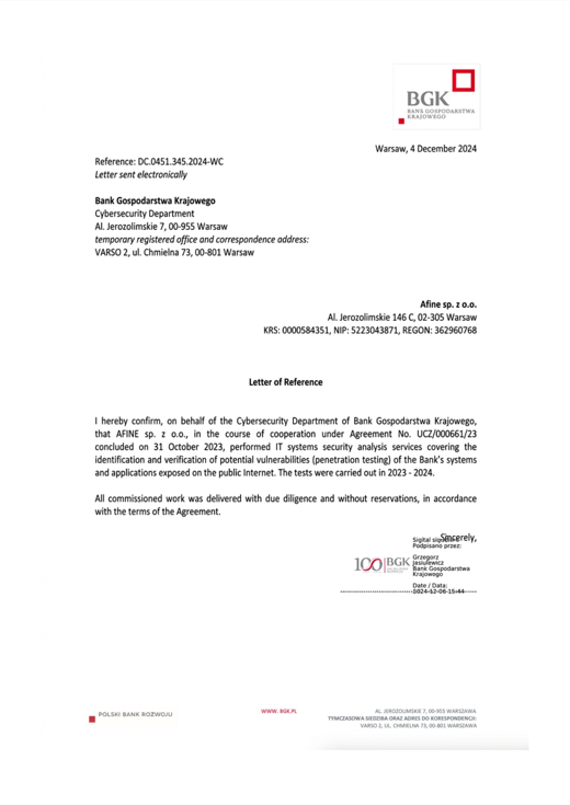 Bank BGK reference letter for AFINE