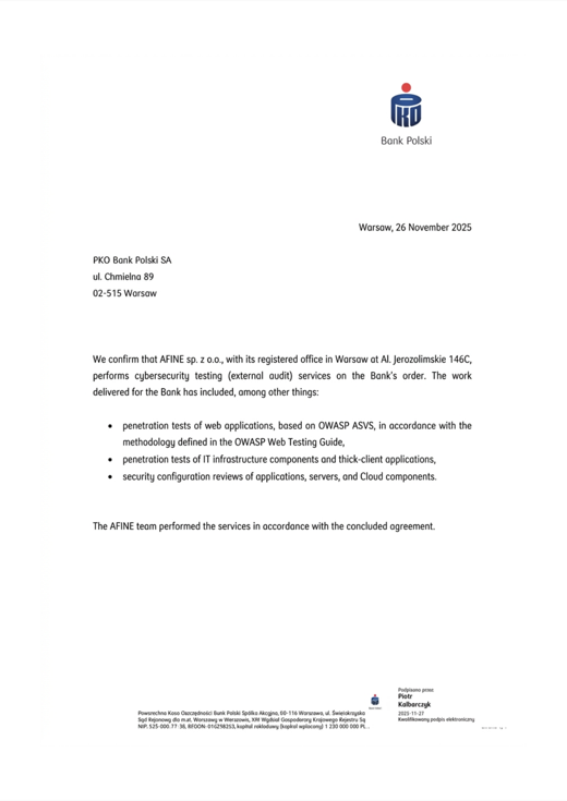 PKO BP reference letter for AFINE