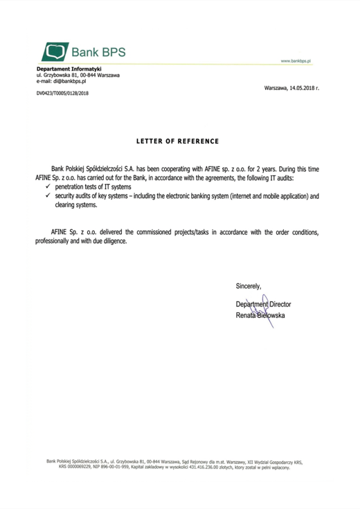 Bank BPS reference letter for AFINE