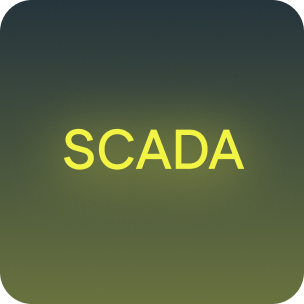 Square icon with rounded corners showing the word SCADA in yellow text on a dark green gradient background.