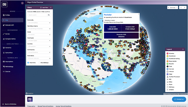 Interactive global map showing locations of mining and processing assets with a pop-up detail for Pavlodar aluminum smelter in Kazakhstan including costs, emissions, and production data for 2025.