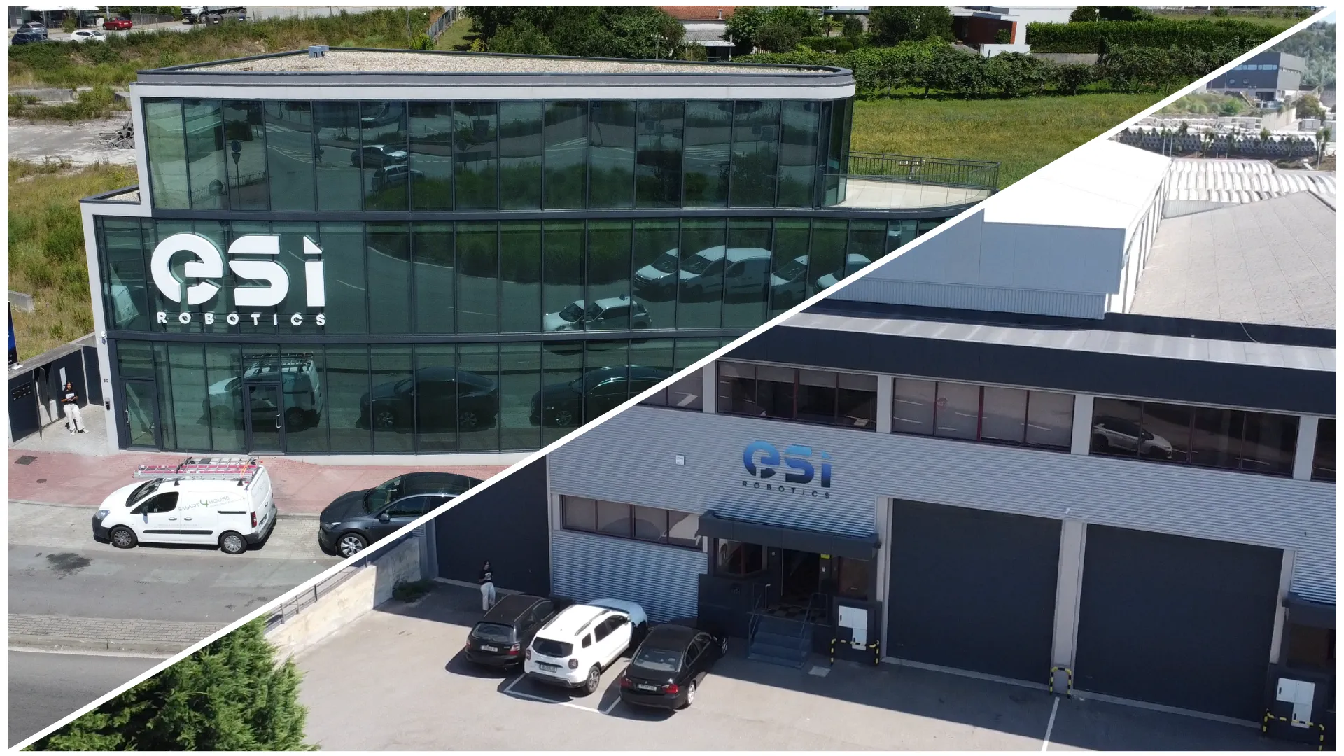 Composite aerial view of two modern ESI Robotics company buildings with glass and industrial facades and parked cars in front.
