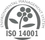 ISO 14001 Environmental Management System logo with a stylized plant inside a circle.
