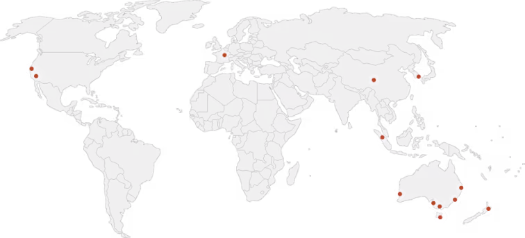 World map with red dots marking specific locations across North America, Europe, Asia, and Australia.
