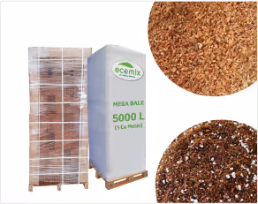 Wrapped large 5000L Ecomix mega bale on a pallet beside a wooden pallet of coir bricks, with close-up views of fine coir fibers.