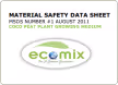 Material Safety Data Sheet document for EcoMix, a liquid plant growing medium in a green and white design.