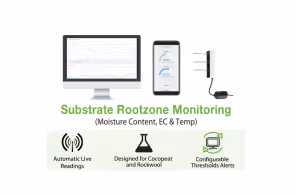 Illustration of substrate rootzone monitoring system showing a computer, a mobile device, and a sensor with text highlighting moisture content, EC, and temperature monitoring.