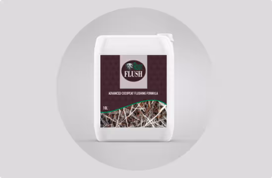 White 10-liter container labeled 'Root Flush' with an advanced cocopeat flushing formula on a gray background.