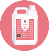 White plastic container labeled Zeme with a pink patterned label containing liquid cleaning product.