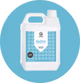 White plastic container of Indra biostimulant product with blue label on turquoise circular background.