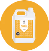 White plastic container of Albina honey with a yellow label featuring a bee pattern and a white cap on an orange circular background.