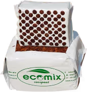 Package of Ecomix ecopeat soil amendment with dark soil and white granules on top.