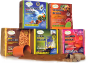 Five colorful packages of coir products with bricks and cubes of compressed coir fiber.