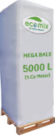 Stacked white plastic containers labeled 'ecemix Green Power' with 'MEGA BALE 5000 L (5 Cu Meter)' text.