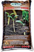 50L bag of Ecomix Premium Coco potting mix with image of green seedlings sprouting from soil.