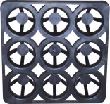 Black square metal grate with circular and floral decorative patterns.