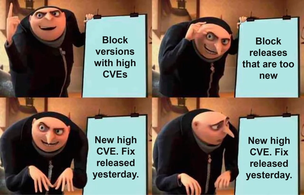 Gru's Plan meme: Gru presents "Block versions with high CVEs", then "Block releases that are too new", then "New high CVE. Fix released yesterday." and does a double take when he reads it again.