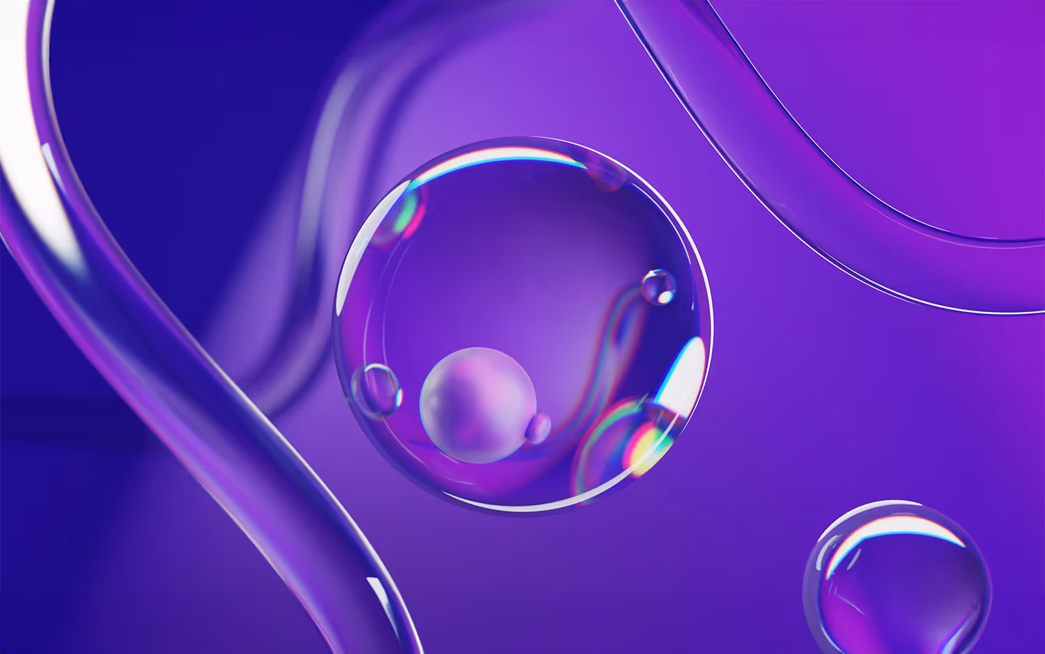 Transparente Blasen und Röhren in verschiedenen Größen vor einem violetten Hintergrund.