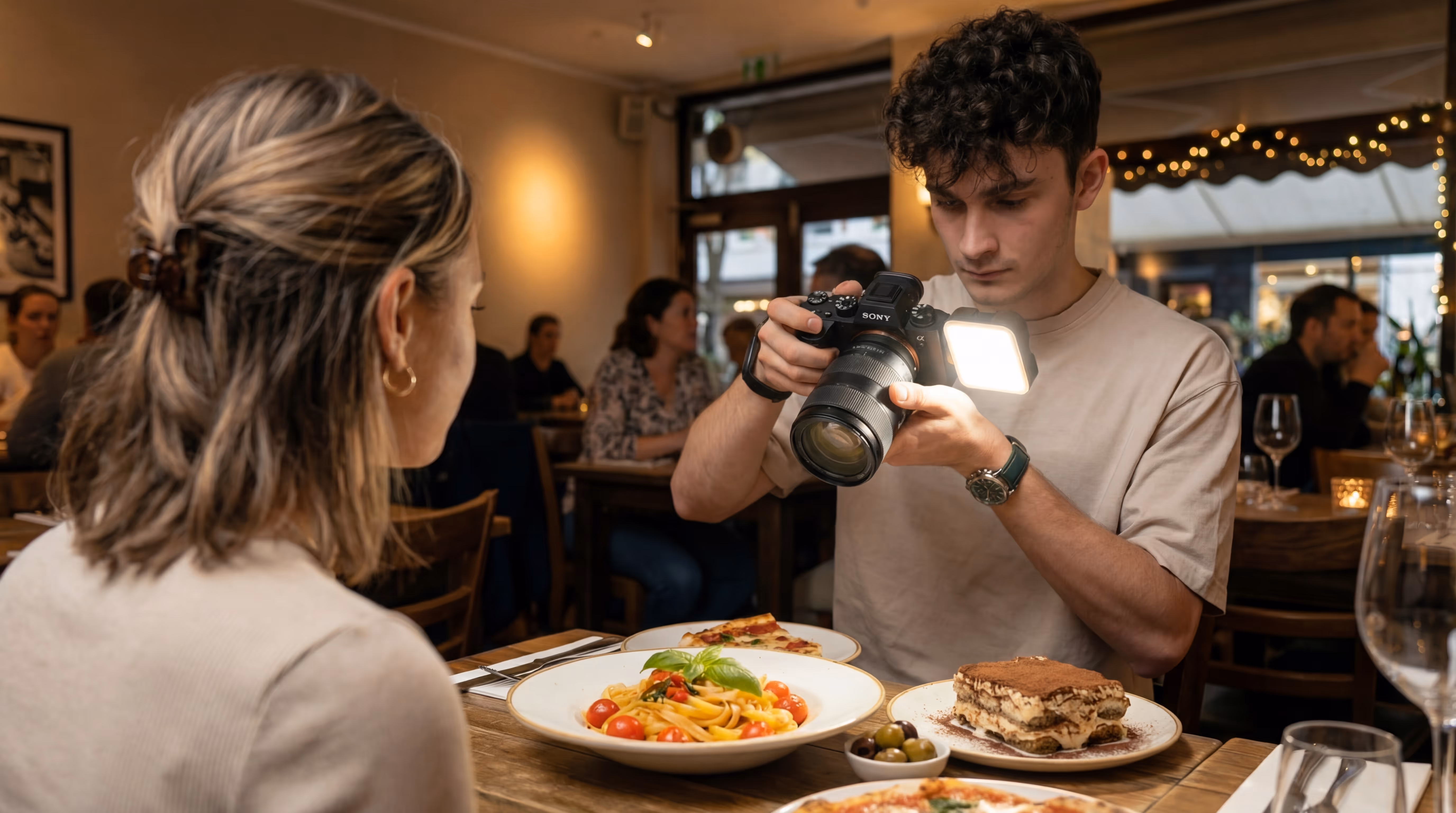 Adrian von Inlift nimmt ein Video für Instagram auf in einem Restaurant. Es ist viel essen zu sehen, welches von einem Social Face gegessen wird