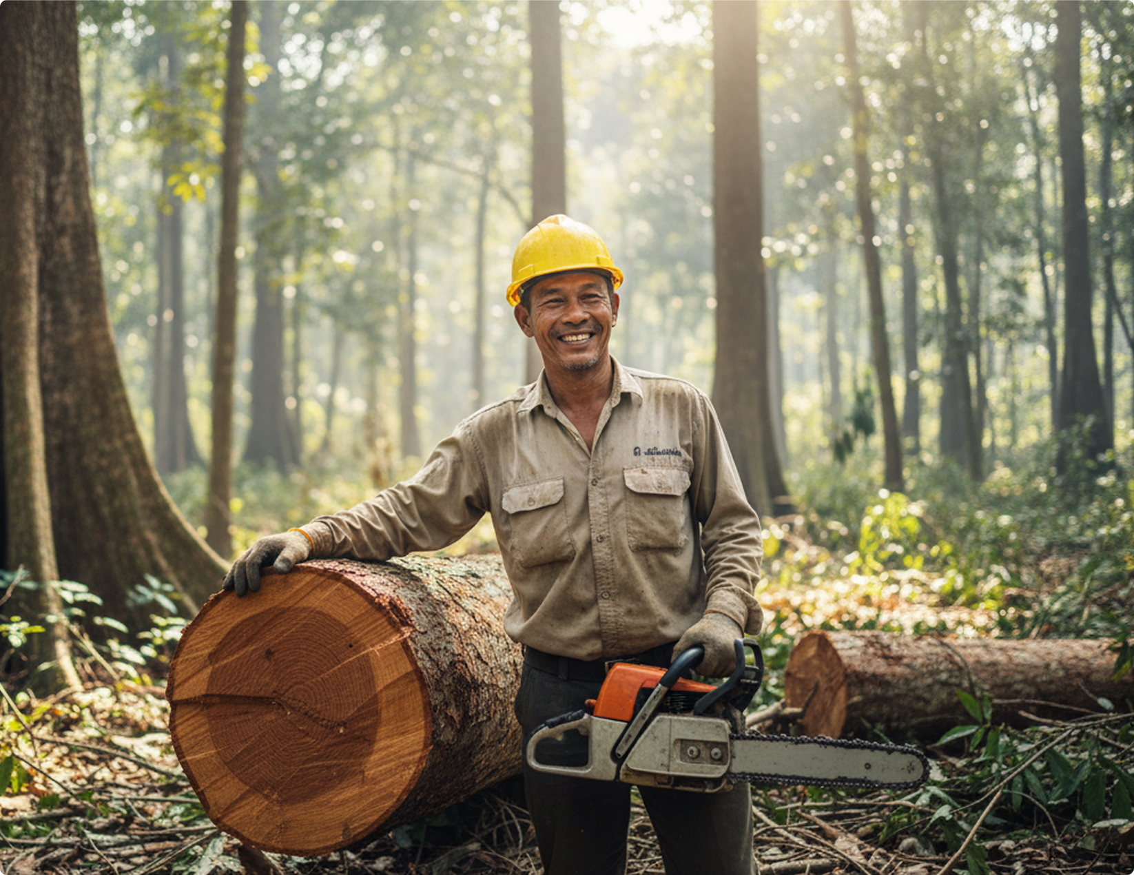 Man with chainsaw smiling next to cut down tree.