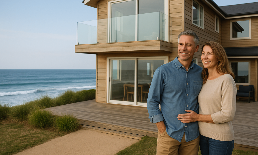 Smiling middle-aged couple standing in front of a modern beach house overlooking the ocean.